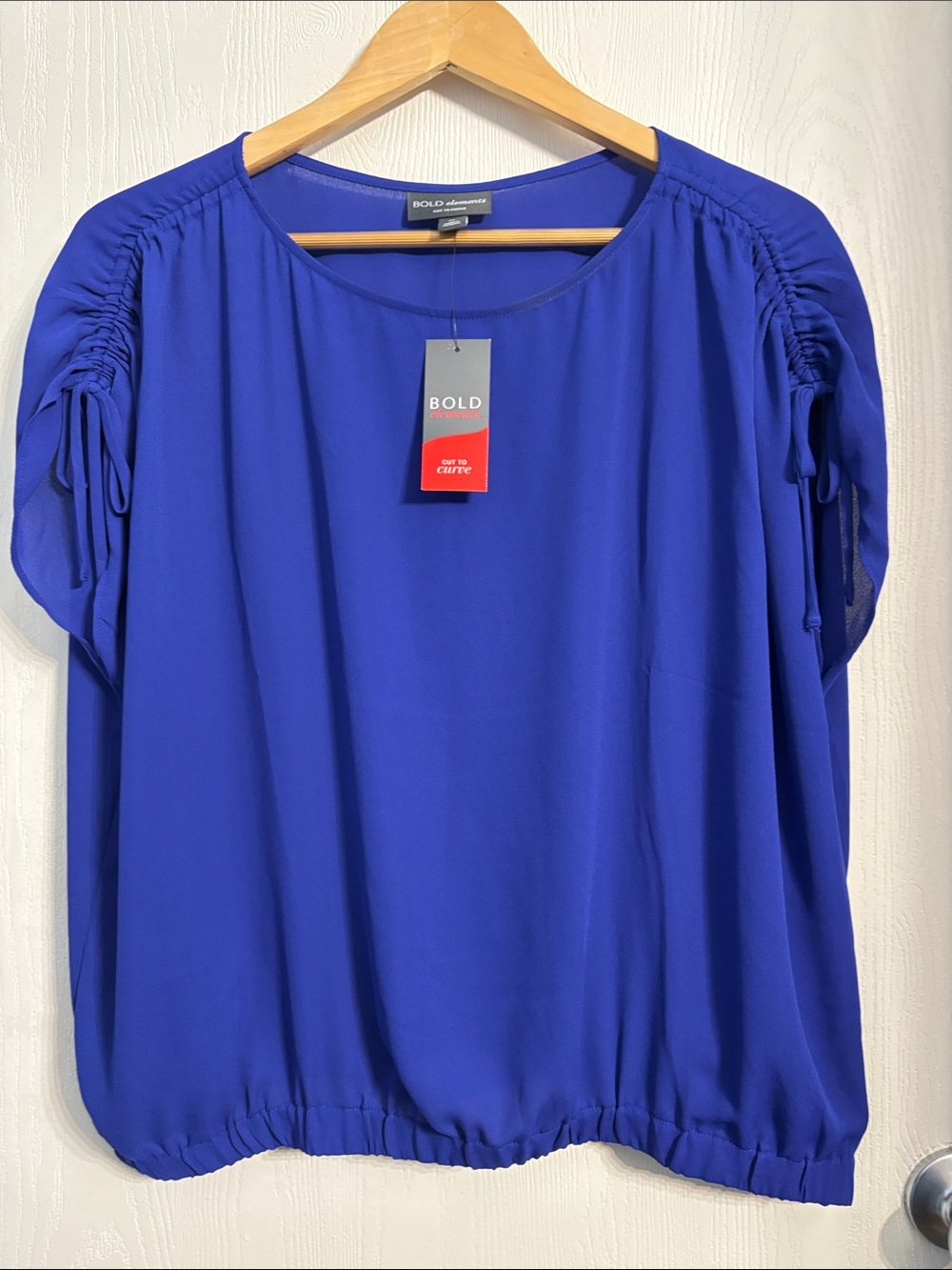 BOLD elements Women's Cobalt Blue Ruched Tie Sleeve Blouse